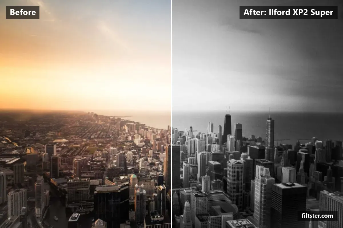 Ilford XP2 Super filter before and after. Turns the picture black and white and recovers bright highlights.