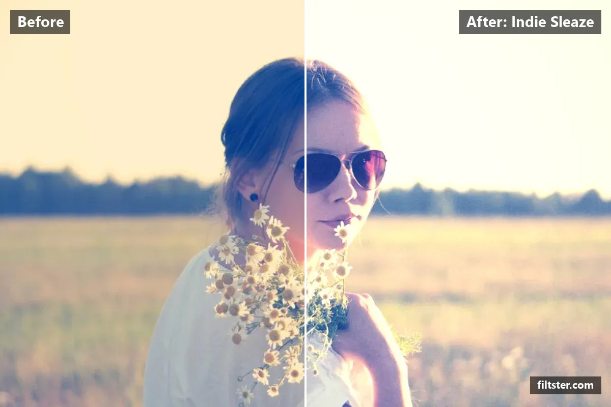 Indie Sleaze filter before and after. Brightens the whole frame, adds film grain and darkens the corners with a vignette.