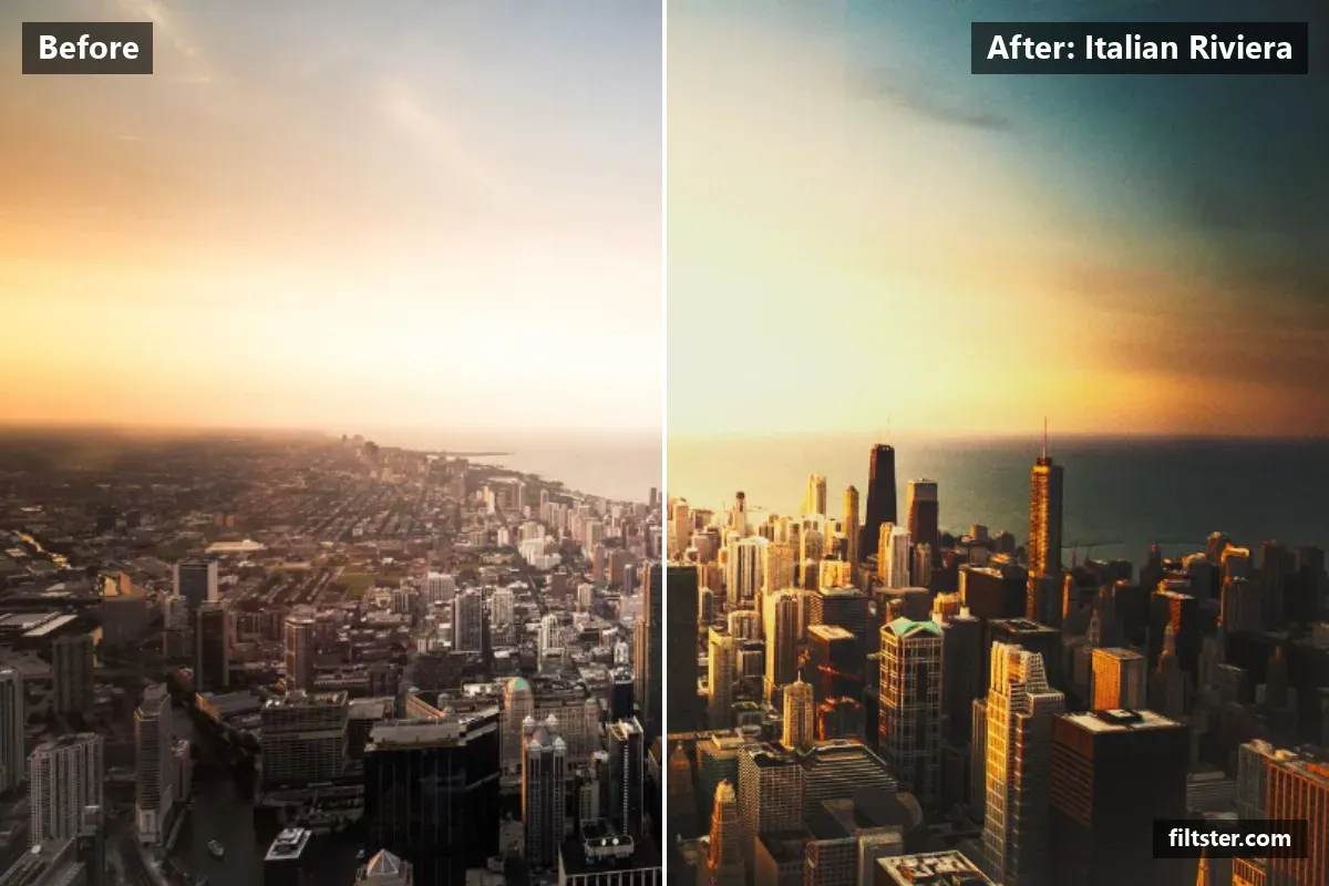 Italian Riviera filter before and after. Recovers bright highlights, lifts the blacks for a faded, matte finish, warms up the colours, adds a golden glow to the highlights and adds film grain.