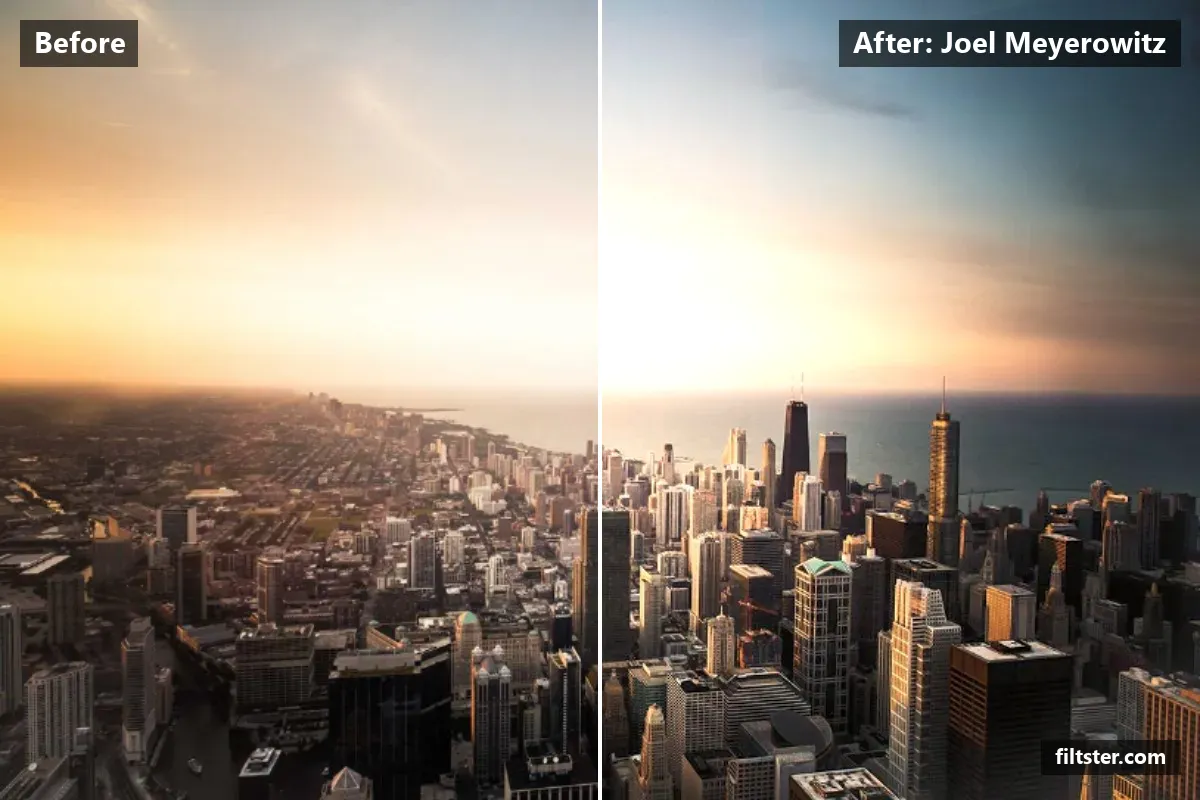 Joel Meyerowitz filter before and after. Brightens the whole frame, opens up the shadows, recovers bright highlights and adds a golden glow to the highlights.