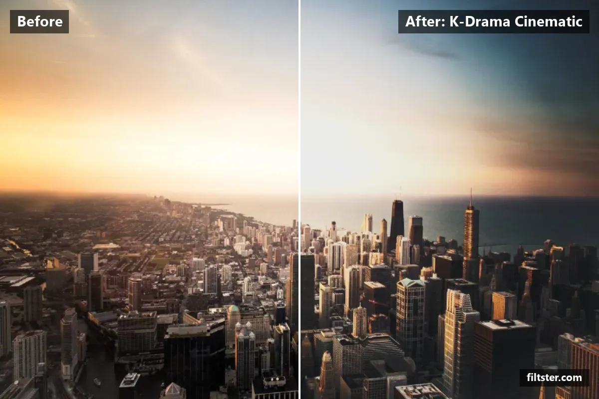 K-Drama Cinematic filter before and after. Recovers bright highlights, lifts the blacks for a faded, matte finish and adds a blue cast to the shadows.