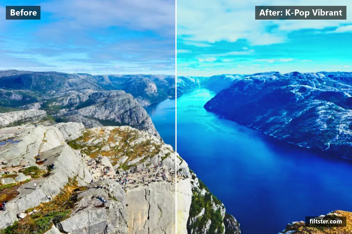 K-Pop Vibrant filter before and after. Adds strong contrast and lifts the blacks for a faded, matte finish.
