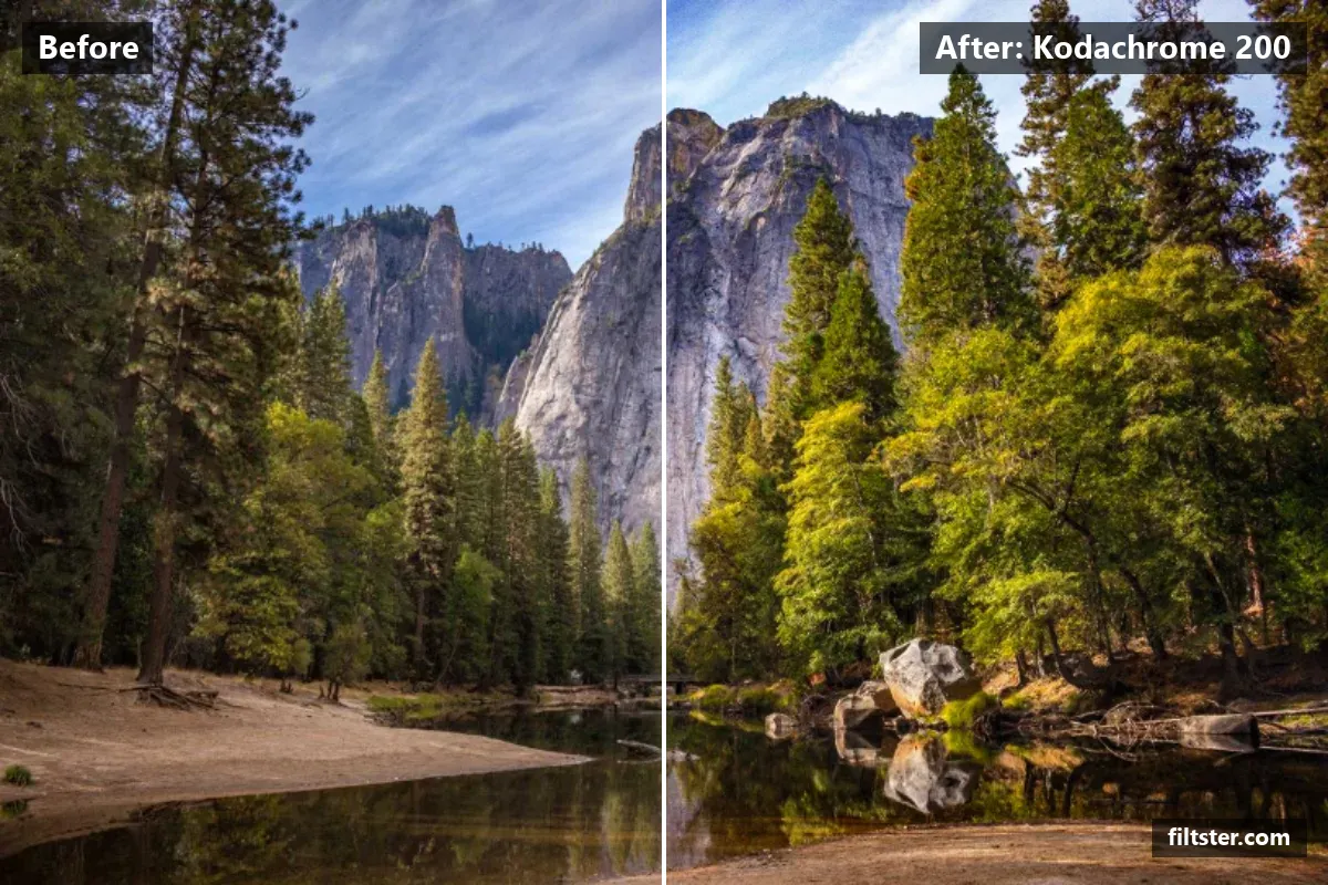Kodachrome 200 filter before and after. Adds strong contrast and adds film grain.