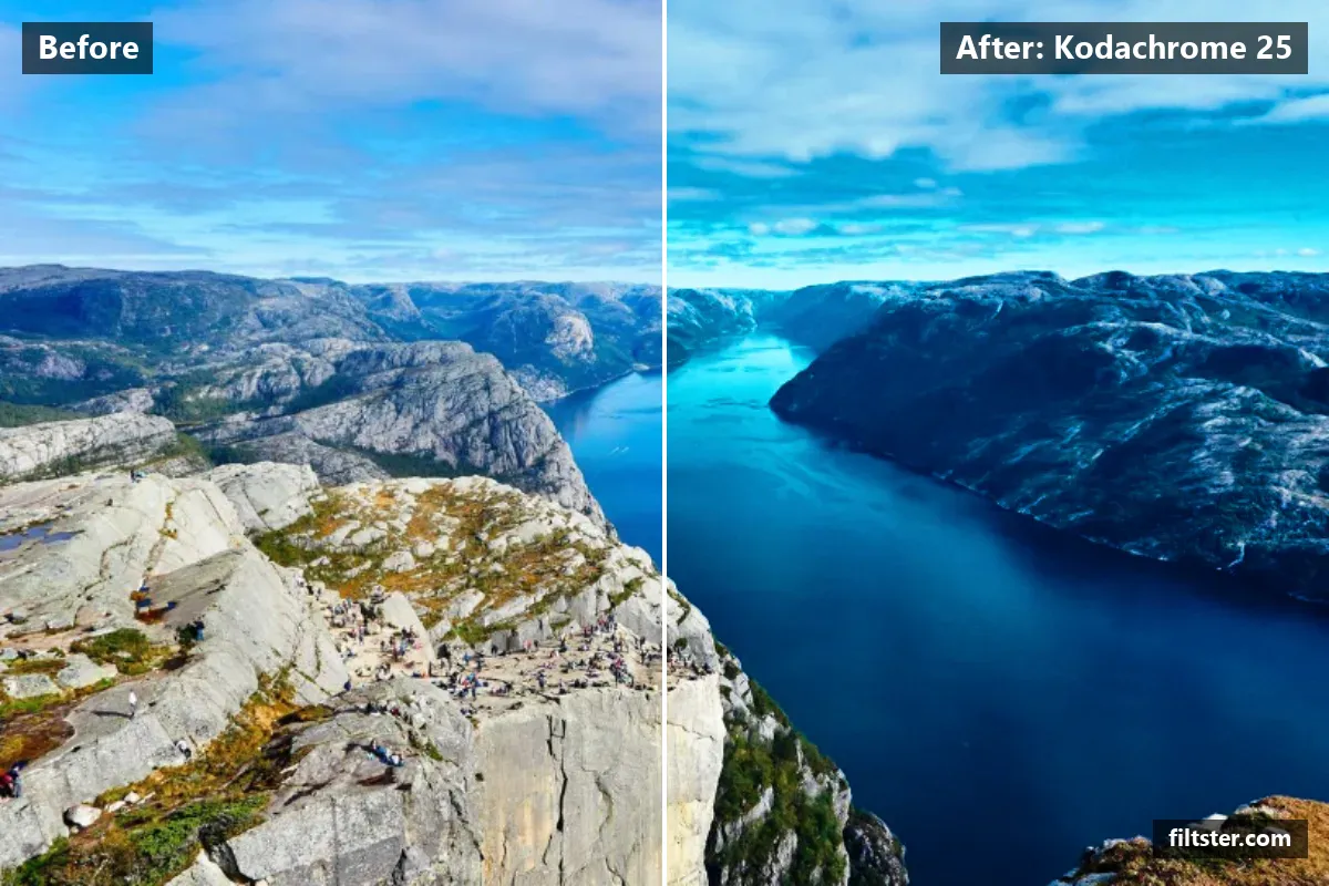 Kodachrome 25 filter before and after. Adds strong contrast.