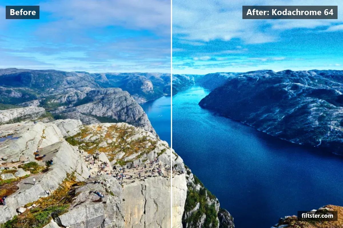 Kodachrome 64 filter before and after. Adds film grain.