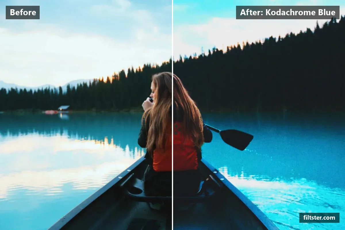 Kodachrome Blue filter before and after. Adds strong contrast, lifts the blacks for a faded, matte finish, makes colours more vivid, tints shadows blue and highlights blue and adds film grain.