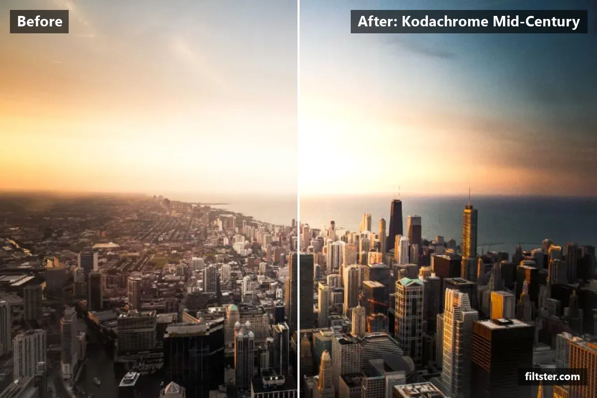 Kodachrome Mid-Century filter before and after. Recovers bright highlights and adds film grain.