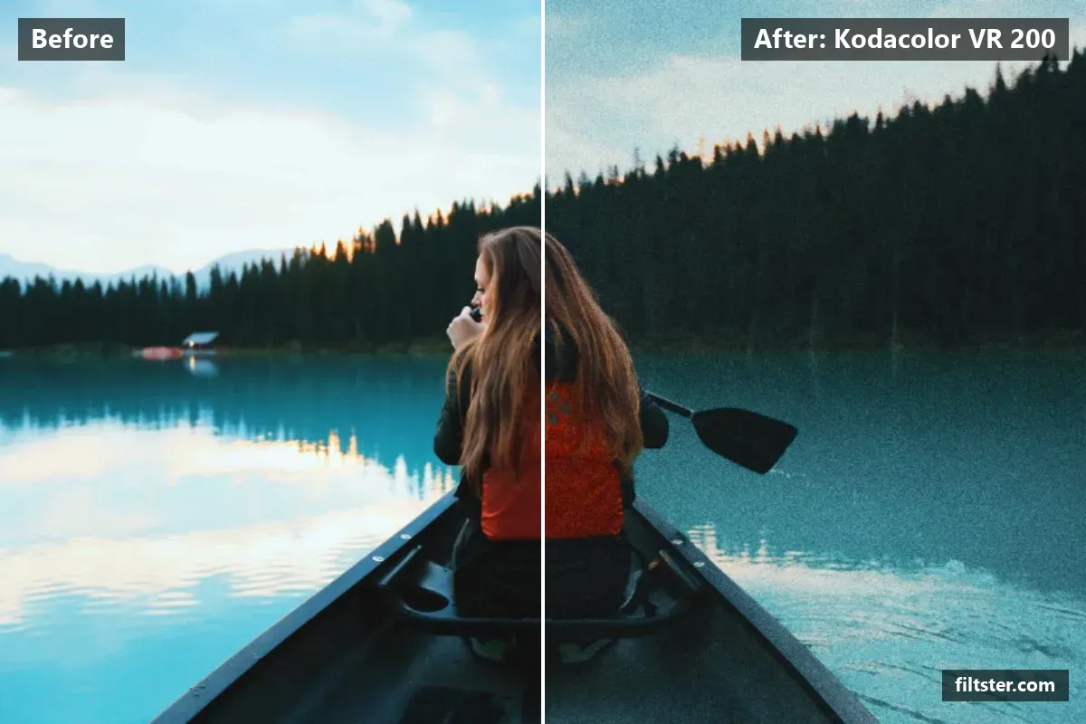 Kodacolor VR 200 filter before and after. Recovers bright highlights, tints shadows blue and highlights golden and adds film grain.