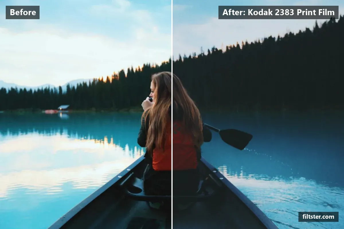 Kodak 2383 Print Film filter before and after. Adds strong contrast, recovers bright highlights, lifts the blacks for a faded, matte finish, cools the colours down and tints shadows teal and highlights golden.