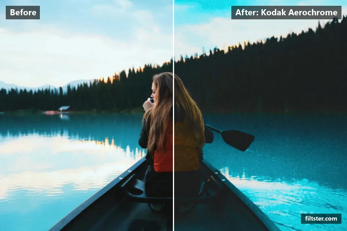 Kodak Aerochrome filter before and after. Recovers bright highlights, lifts the blacks for a faded, matte finish, adds a magenta glow to the highlights and adds film grain.