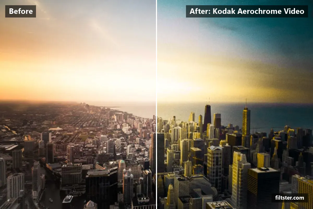Kodak Aerochrome Video filter before and after. Recovers bright highlights, adds a magenta glow to the highlights and adds film grain.