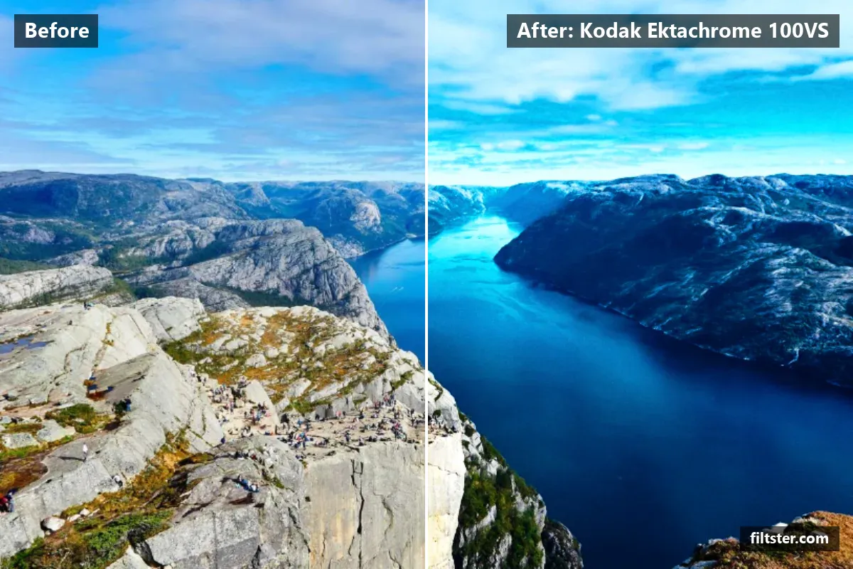 Kodak Ektachrome 100VS filter before and after. Adds strong contrast and recovers bright highlights.