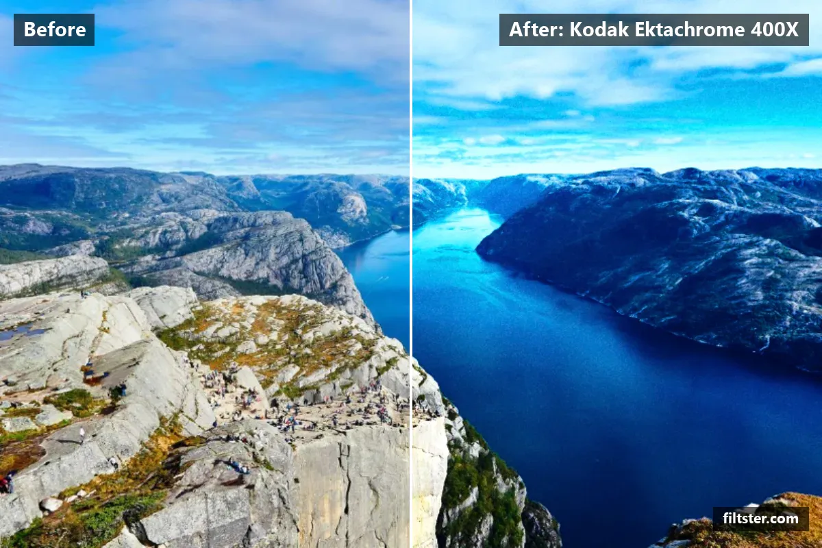 Kodak Ektachrome 400X filter before and after. Adds strong contrast, recovers bright highlights and adds film grain.