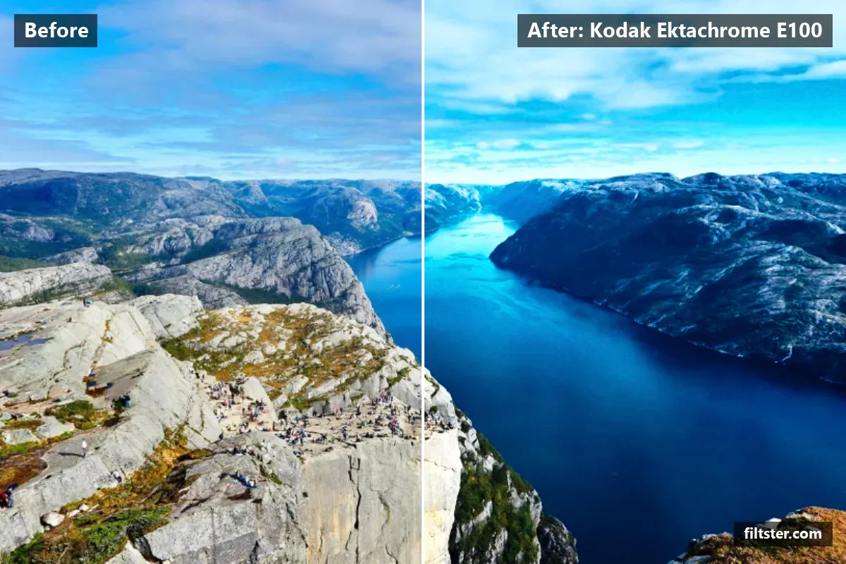 Kodak Ektachrome E100 filter before and after. Adds strong contrast and recovers bright highlights.