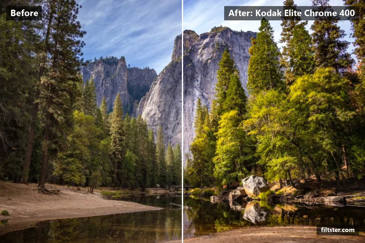 Kodak Elite Chrome 400 filter before and after. Adds strong contrast and adds film grain.