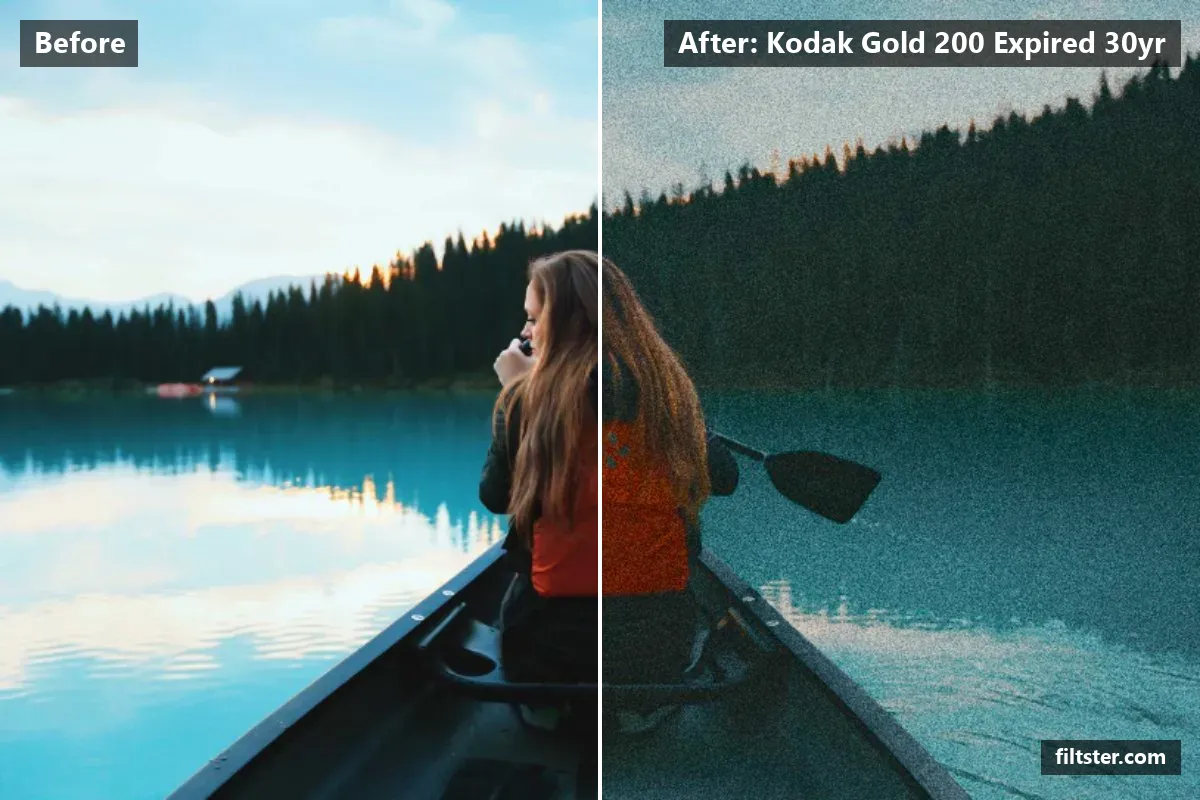 Kodak Gold 200 Expired 30yr filter before and after. Softens contrast, opens up the shadows, tints shadows teal and highlights golden and adds film grain.