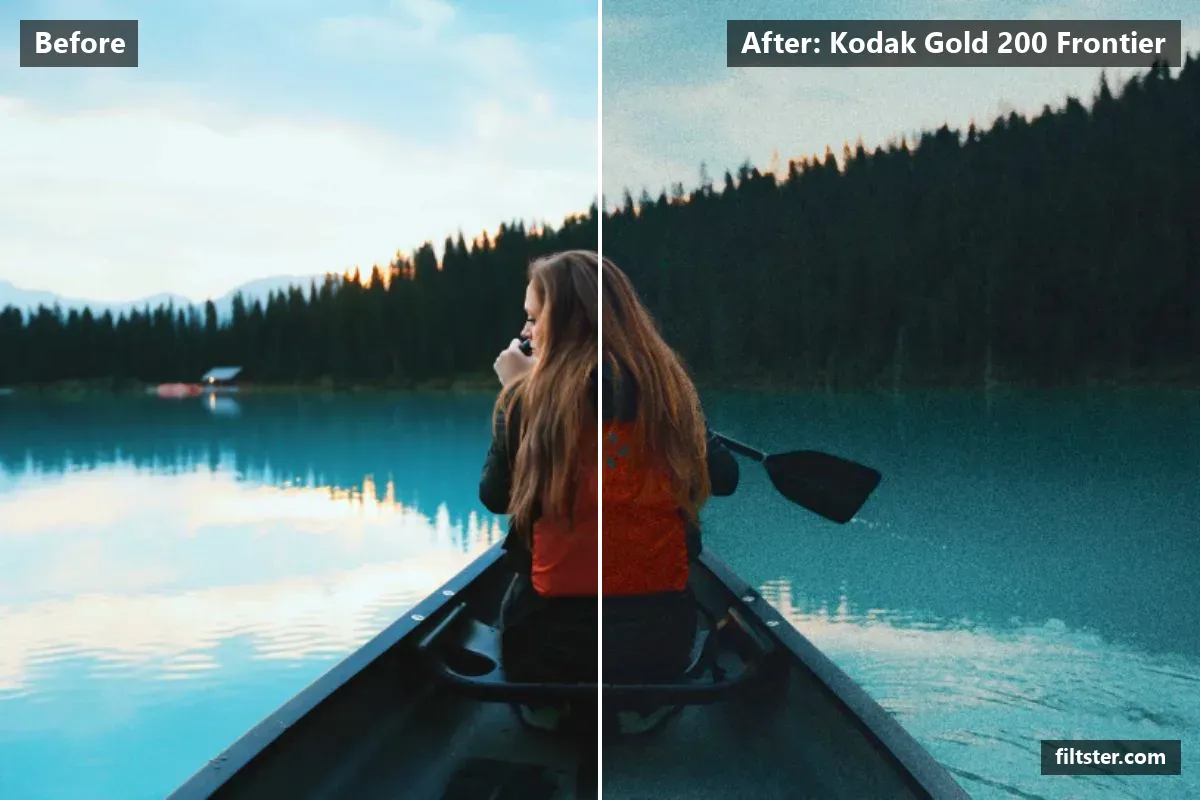 Kodak Gold 200 Frontier filter before and after. Softens contrast, recovers bright highlights, tints shadows blue and highlights golden and adds film grain.