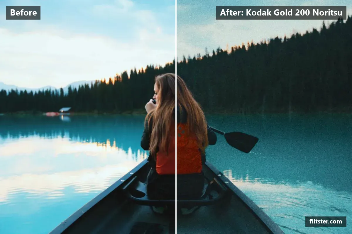 Kodak Gold 200 Noritsu filter before and after. Recovers bright highlights, tints shadows blue and highlights golden and adds film grain.