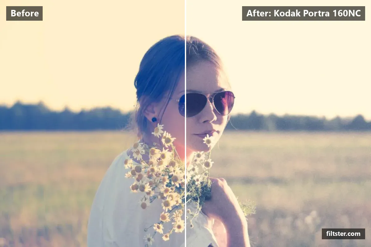 Kodak Portra 160NC filter before and after. Brightens the whole frame, softens contrast, opens up the shadows and adds film grain.
