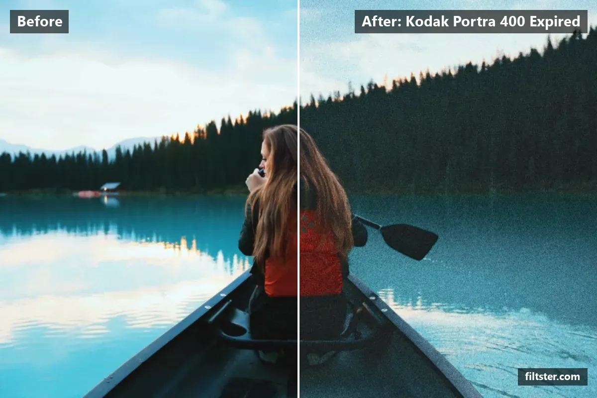 Kodak Portra 400 Expired filter before and after. Brightens the whole frame, softens contrast, opens up the shadows, recovers bright highlights, tints shadows teal and highlights golden and adds film grain.