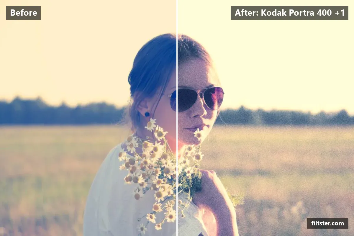 Kodak Portra 400 +1 filter before and after. Brightens the whole frame, recovers bright highlights, adds a golden glow to the highlights and adds film grain.