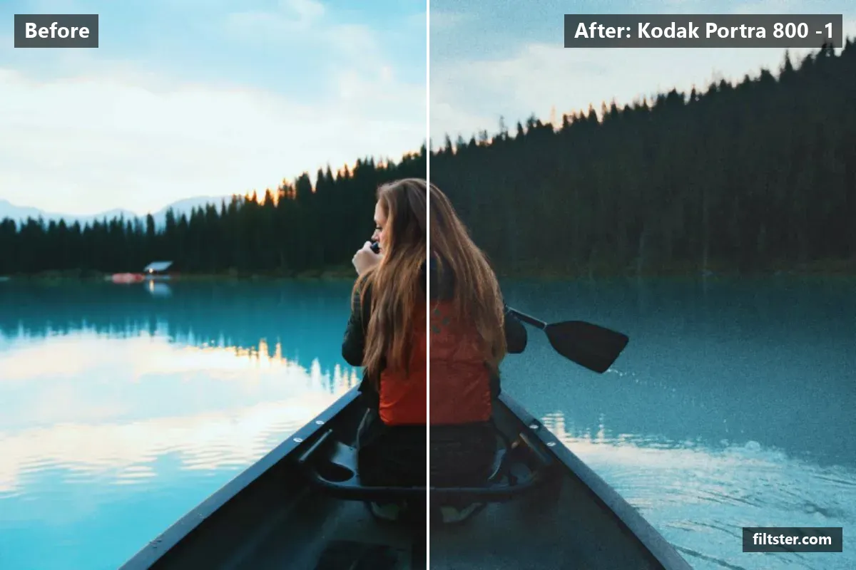 Kodak Portra 800 -1 filter before and after. Brightens the whole frame, softens contrast, opens up the shadows, recovers bright highlights and adds film grain.