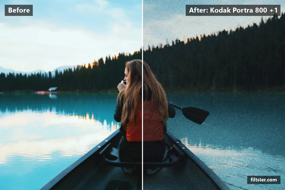 Kodak Portra 800 +1 filter before and after. Opens up the shadows, recovers bright highlights and adds film grain.