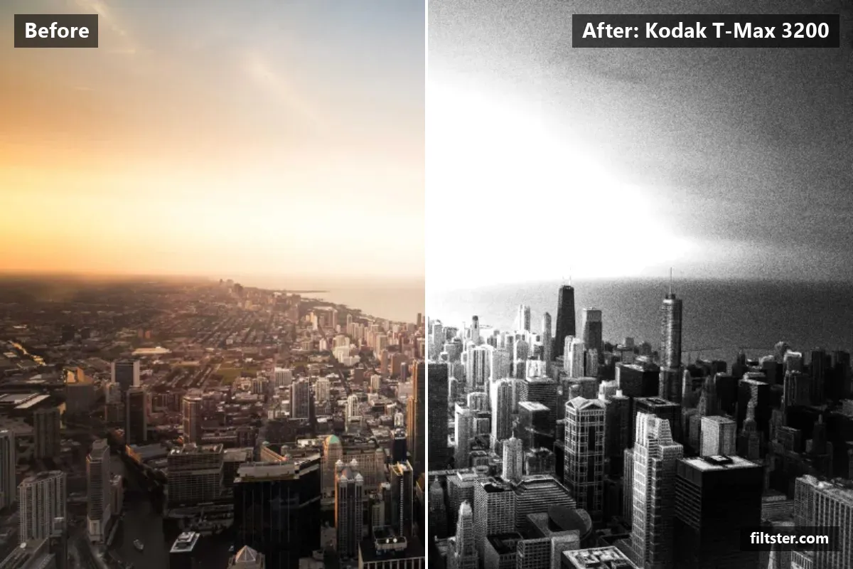 Kodak T-Max 3200 filter before and after. Turns the picture black and white, adds strong contrast and adds film grain.
