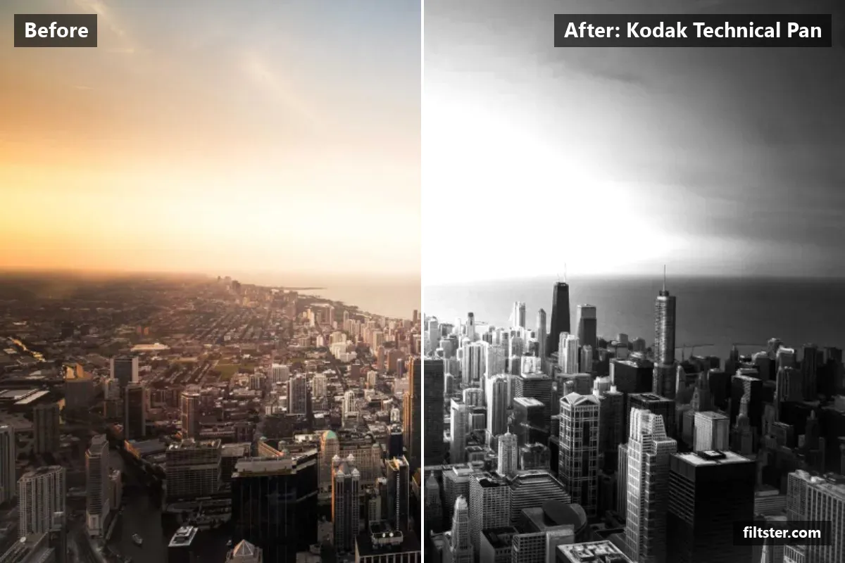 Kodak Technical Pan filter before and after. Turns the picture black and white and adds strong contrast.