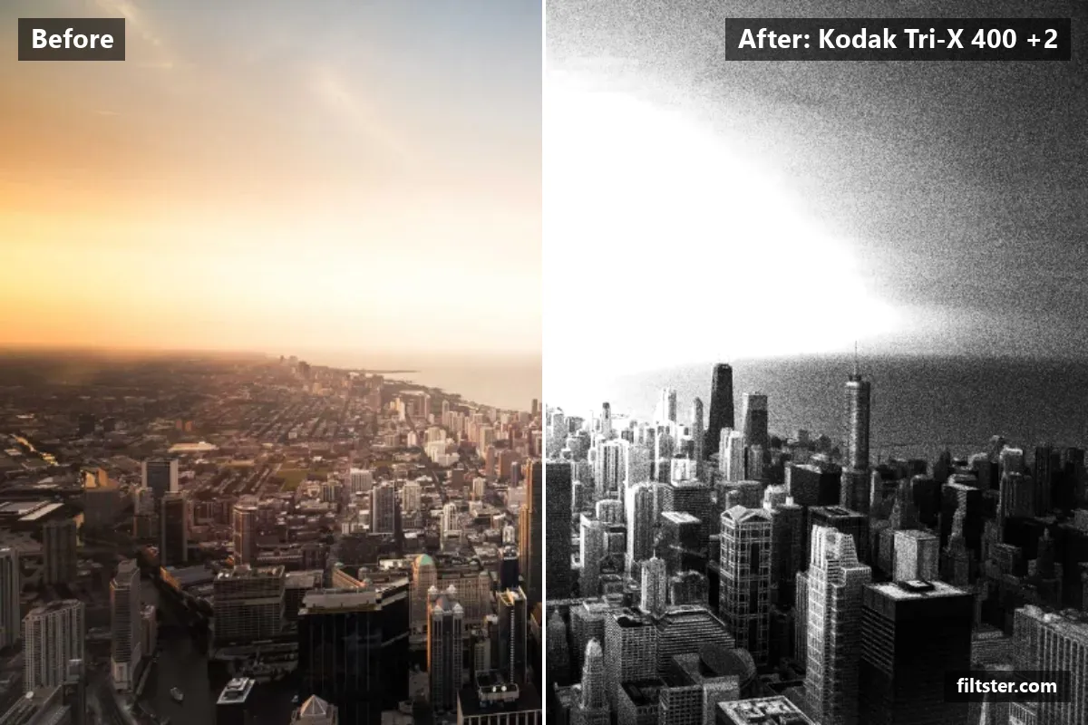 Kodak Tri-X 400 +2 filter before and after. Turns the picture black and white, adds strong contrast and adds film grain.