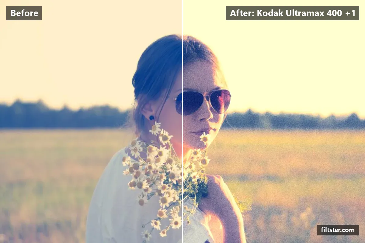 Kodak Ultramax 400 +1 filter before and after. Adds strong contrast, recovers bright highlights, tints shadows blue and highlights golden and adds film grain.