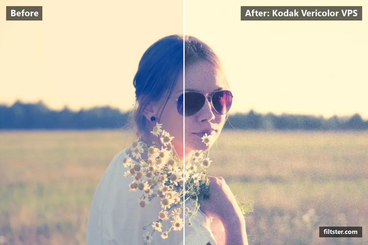 Kodak Vericolor VPS filter before and after. Brightens the whole frame, softens contrast, opens up the shadows and adds film grain.