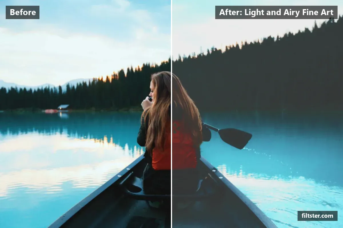 Light and Airy Fine Art filter before and after. Brightens the whole frame, softens contrast, opens up the shadows, recovers bright highlights and lifts the blacks for a faded, matte finish.