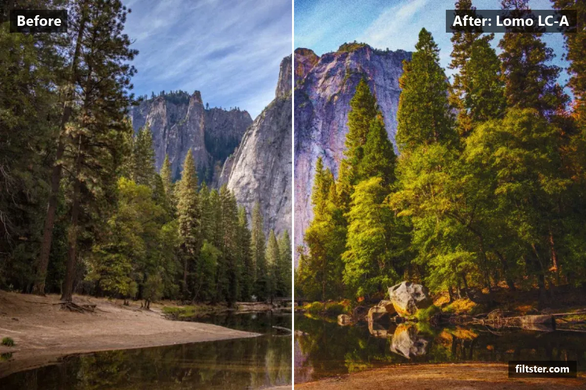 Lomo LC-A filter before and after. Adds strong contrast, lifts the blacks for a faded, matte finish, makes colours more vivid, tints shadows indigo and highlights golden, adds film grain and darkens the corners with a vignette.