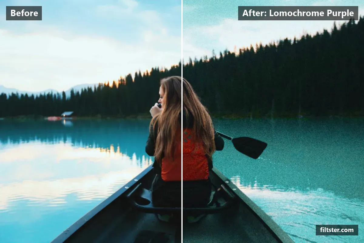 Lomochrome Purple filter before and after. Adds a purple glow to the highlights and adds film grain.