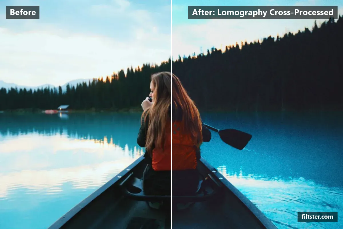 Lomography Cross-Processed filter before and after. Adds strong contrast, opens up the shadows, lifts the blacks for a faded, matte finish, makes colours more vivid, tints shadows purple and highlights golden, adds film grain and darkens the corners with a vignette.