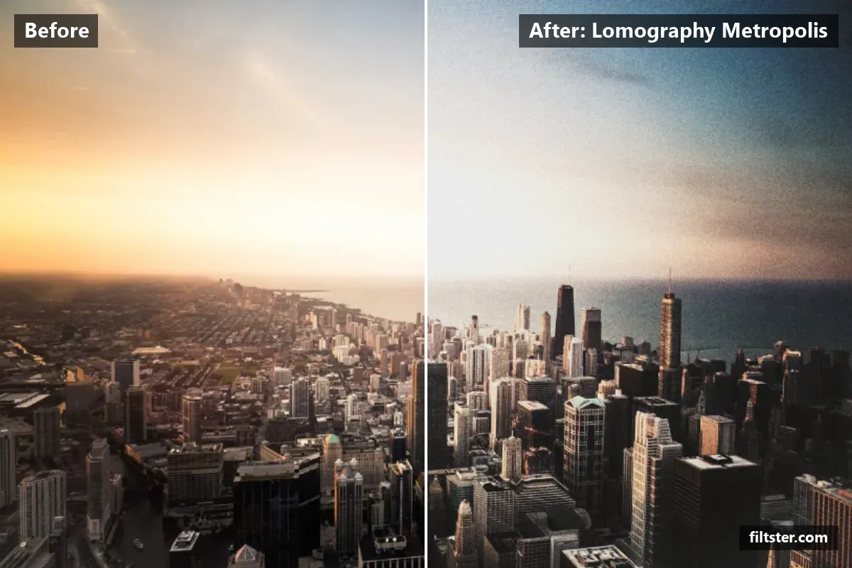 Lomography Metropolis filter before and after. Adds strong contrast, lifts the blacks for a faded, matte finish and adds film grain.