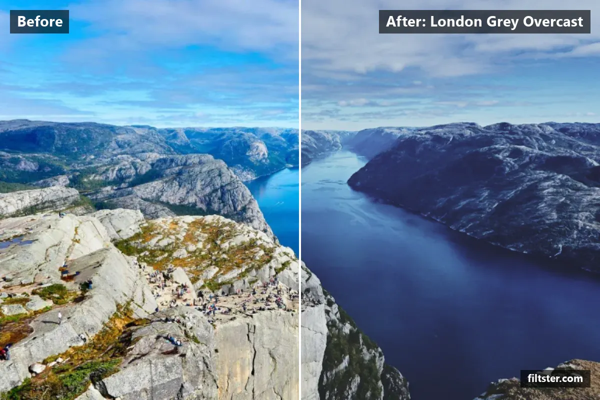 London Grey Overcast filter before and after. Softens contrast, opens up the shadows, lifts the blacks for a faded, matte finish, cools the colours down and mutes the colours.