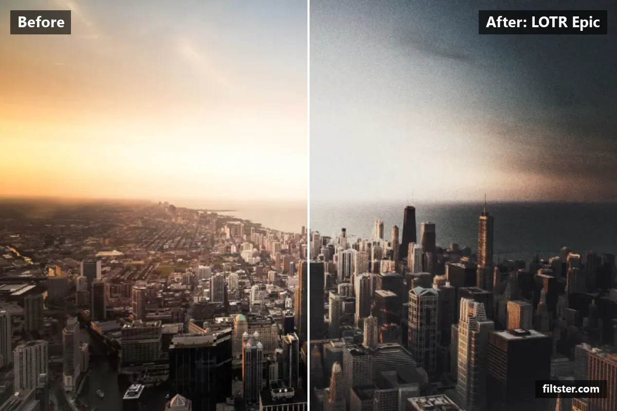 LOTR Epic filter before and after. Darkens the exposure for a moodier feel, adds strong contrast, opens up the shadows, recovers bright highlights, lifts the blacks for a faded, matte finish, mutes the colours and adds film grain.