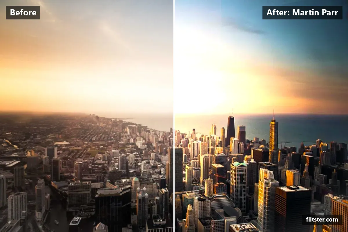 Martin Parr filter before and after. Brightens the whole frame, adds strong contrast, makes colours more vivid and adds a golden glow to the highlights.
