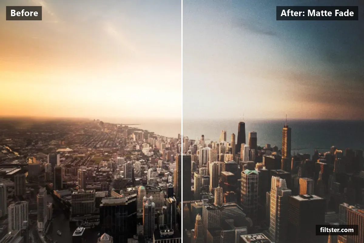 Matte Fade filter before and after. Softens contrast, lifts the blacks for a faded, matte finish, adds a golden cast to the shadows and adds film grain.