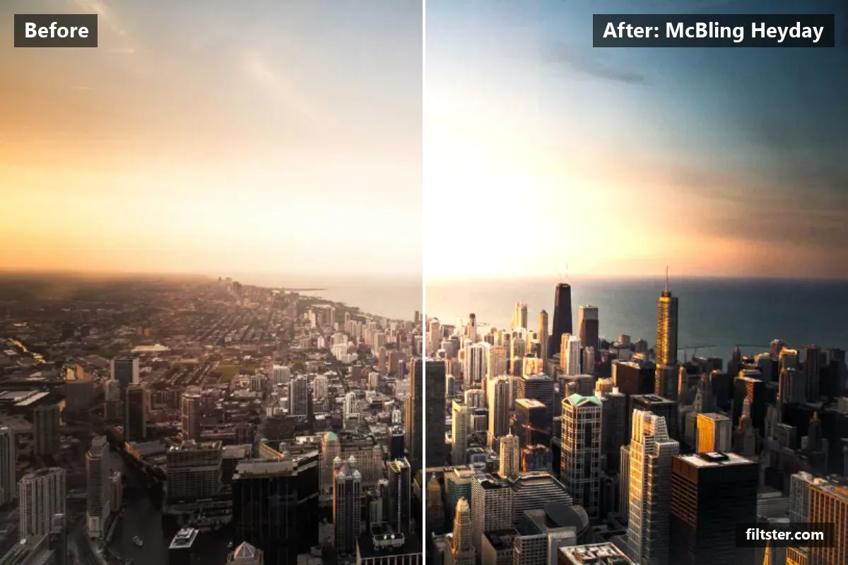 McBling Heyday filter before and after. Darkens the corners with a vignette.