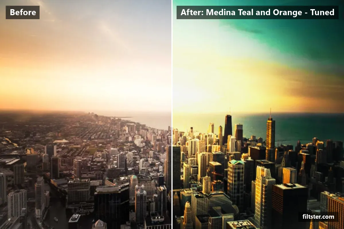 Medina Teal and Orange - Tuned filter before and after. Adds strong contrast and tints shadows blue and highlights golden.