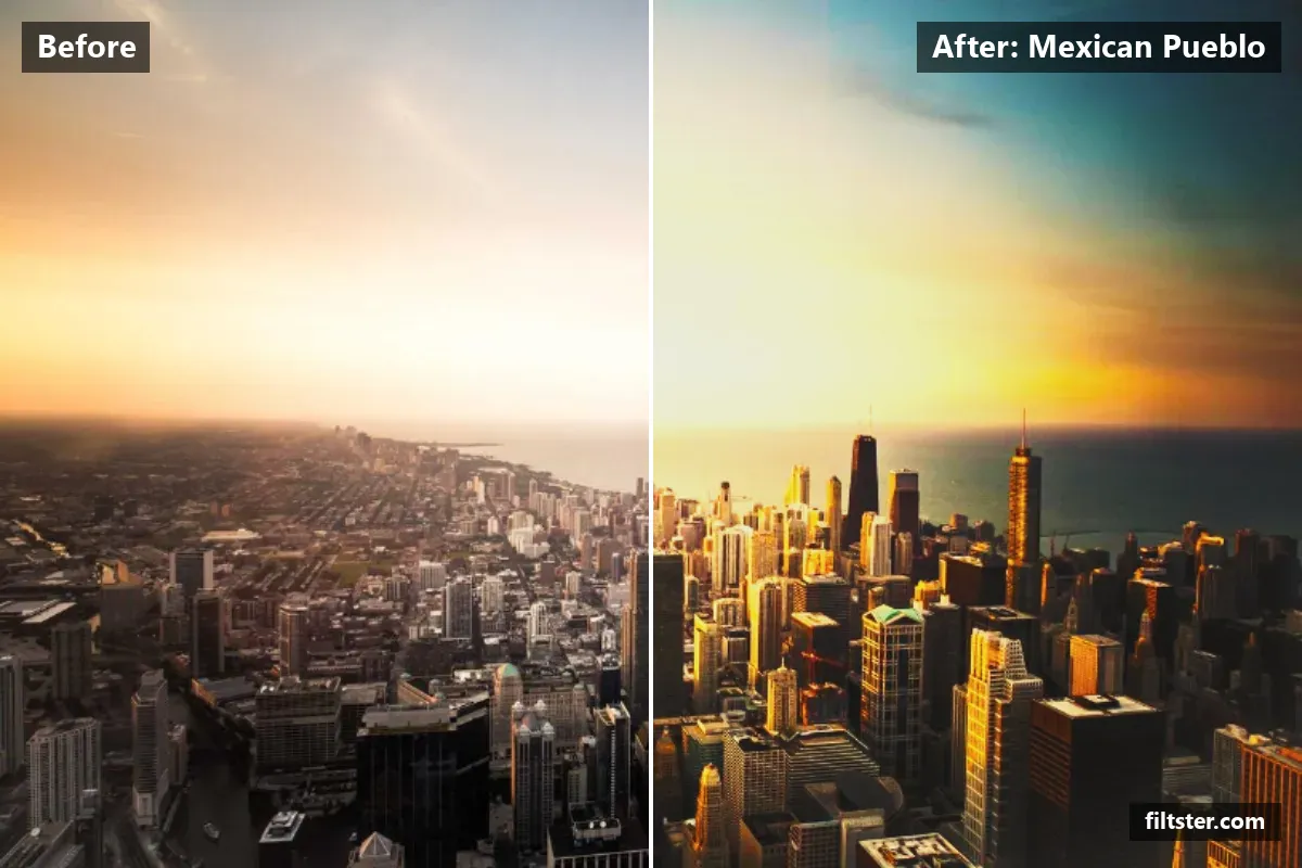Mexican Pueblo filter before and after. Recovers bright highlights, lifts the blacks for a faded, matte finish, warms up the colours and adds a golden glow to the highlights.