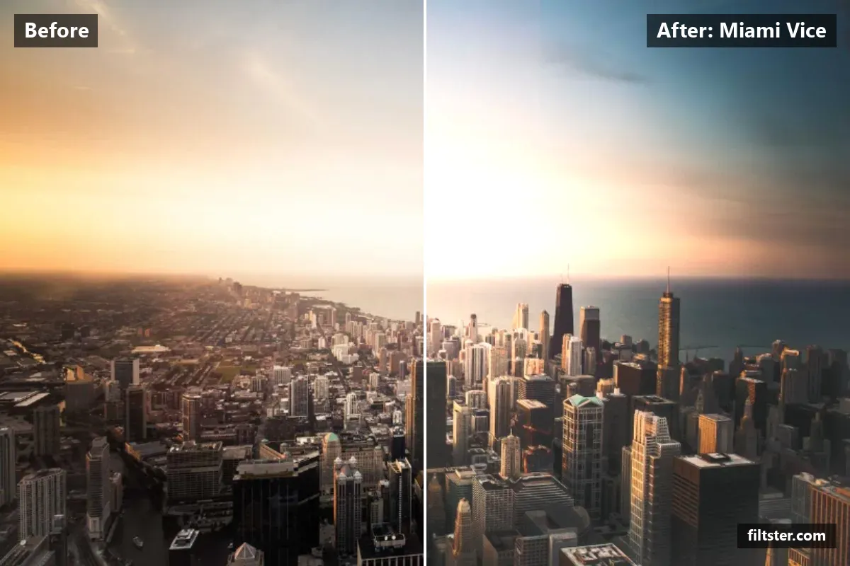 Miami Vice filter before and after. Brightens the whole frame, opens up the shadows, recovers bright highlights and tints shadows blue and highlights magenta.