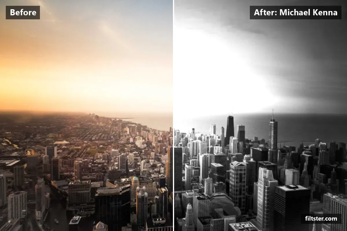 Michael Kenna filter before and after. Turns the picture black and white, adds strong contrast, opens up the shadows and recovers bright highlights.