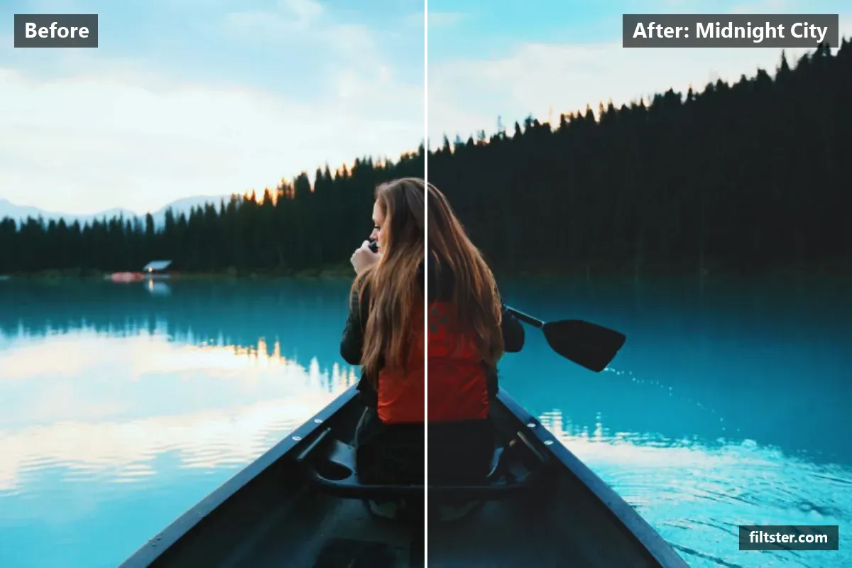 Midnight City filter before and after. Adds strong contrast, lifts the blacks for a faded, matte finish, adds a indigo cast to the shadows and sharpens mid-tone detail.