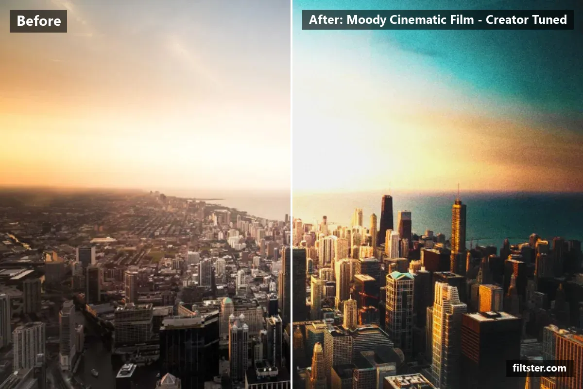 Moody Cinematic Film - Creator Tuned filter before and after. Brightens the whole frame, softens contrast, opens up the shadows, recovers bright highlights, lifts the blacks for a faded, matte finish, makes colours more vivid, adds a golden glow to the highlights and adds film grain.