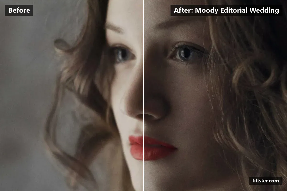 Moody Editorial Wedding filter before and after. Darkens the exposure for a moodier feel, adds strong contrast, recovers bright highlights, adds a blue cast to the shadows and adds film grain.