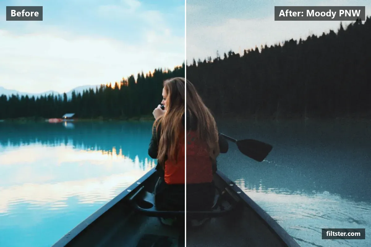 Moody PNW filter before and after. Darkens the exposure for a moodier feel, adds strong contrast, opens up the shadows, recovers bright highlights, lifts the blacks for a faded, matte finish, mutes the colours and adds film grain.
